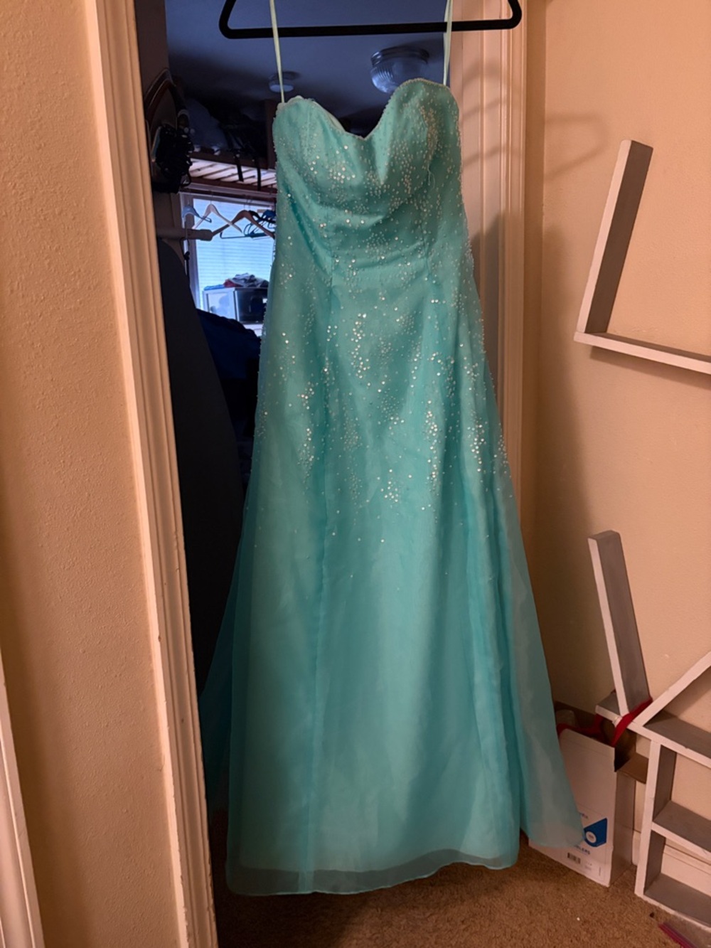 Strapless Aqua Formal Gown with Sparkle